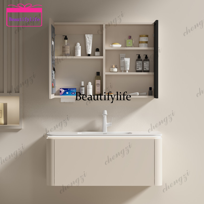 Bathroom Cabinet Mirror - A17 Krem grisi rüzgar desenli masif