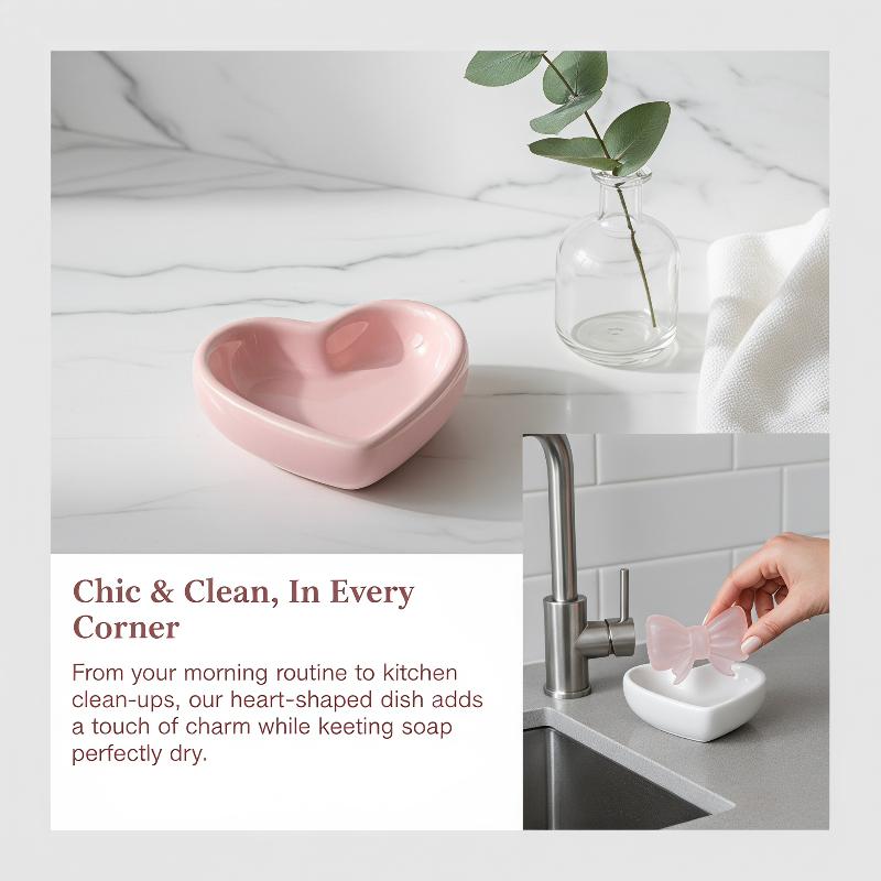 Home Bathroom Sink - Sevimli Fiyonklu Kalp Şeklinde Seramik Sabunluk,