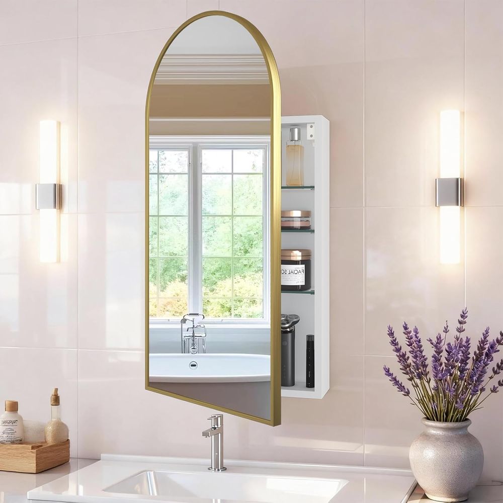 Bathroom Cabinet Mirror - Lüks Kavisli Altın Kaplama Banyo Ecza